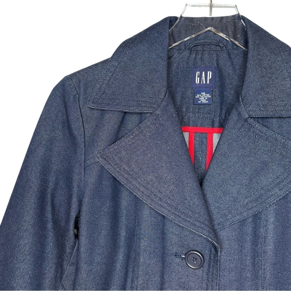 GAP Y2K Vintage Denim Dark Wash Women’s Blue Belted Women’s Trench Coat Sz XS - Picture 7 of 12